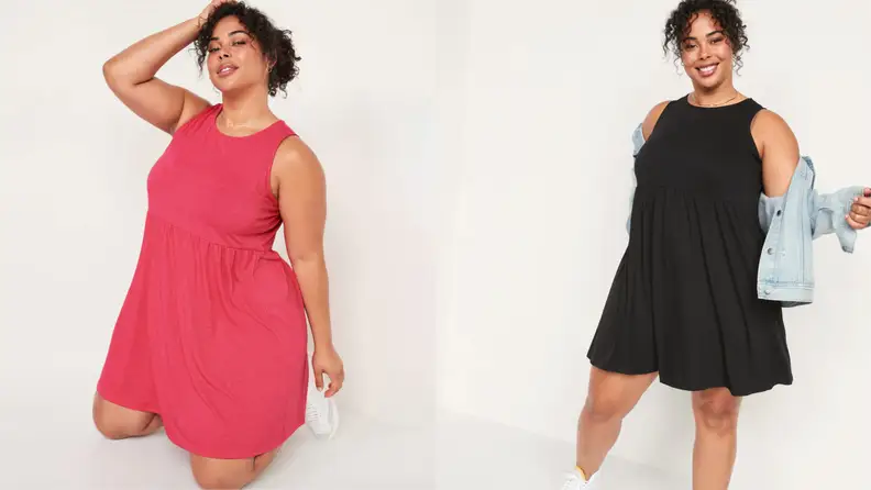 Two models wear pink and black fit and flare dresses.