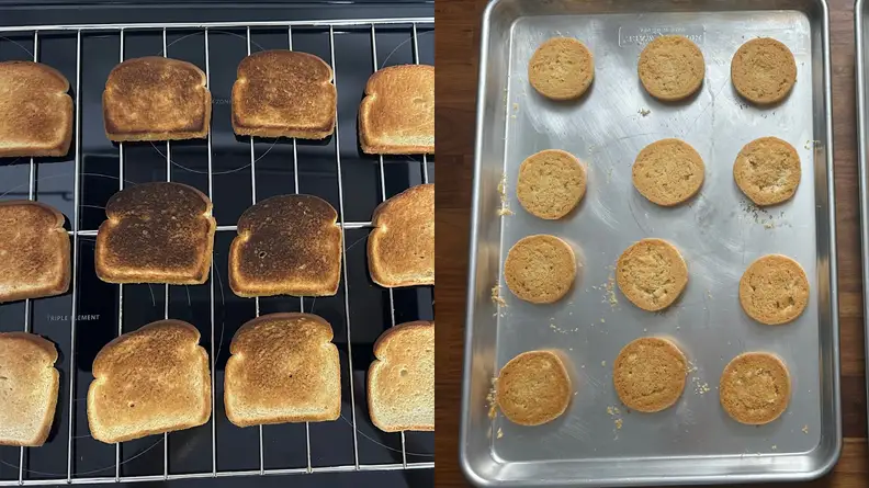 A collage of toast on top of a wire rack with different levels of browning and baked cookies on a baking sheet.