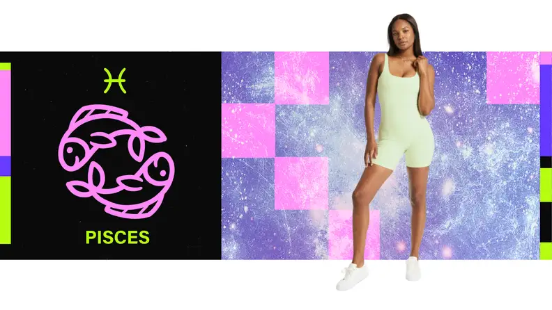 On the left is an illustration of the zodiac sign for Pisces. On the right is a model wearing a green catsuit.