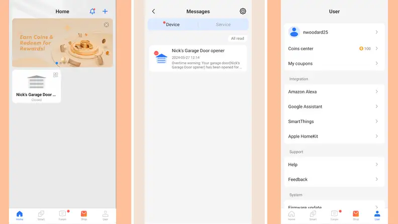 Three screenshots displaying the Meross app in use.