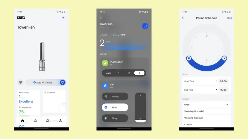 The image shows three screens from the Dreo app, including air quality measurements, mode, and scheduling.
