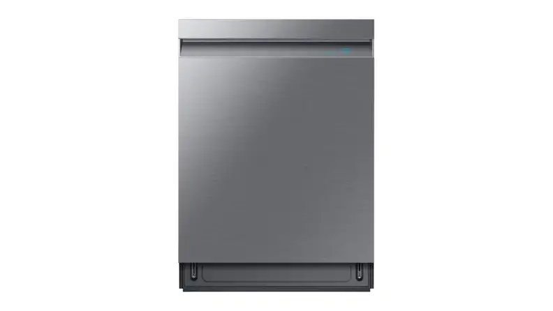 Silver dishwasher against a white background