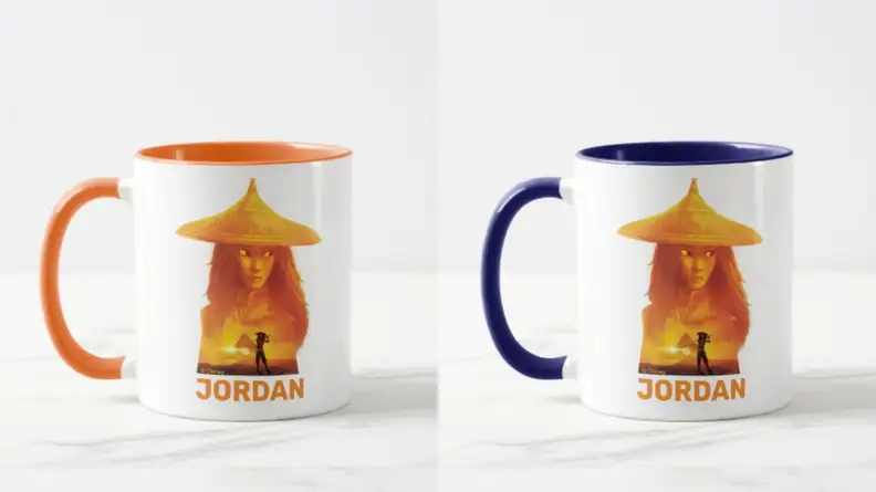 Two custom mugs with Raya on the front