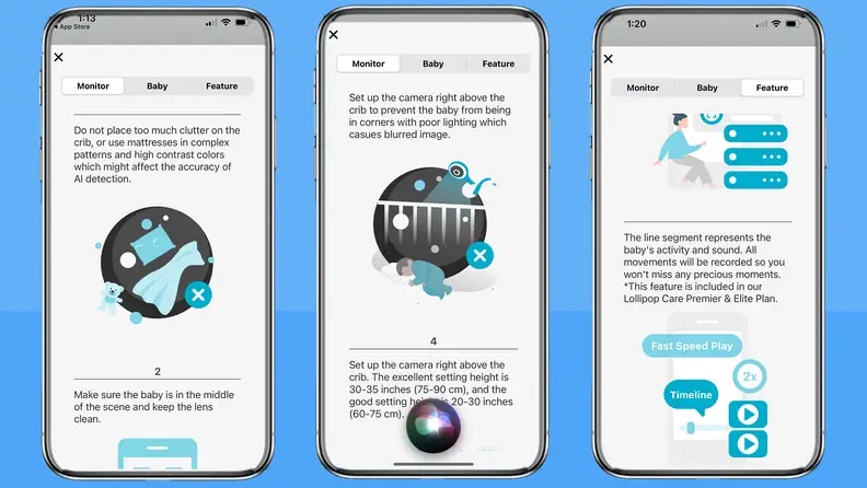 Three smart phones with screenshots from the Lollipop app that can adjust the features and settings.