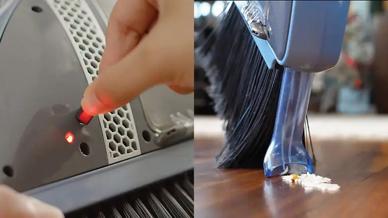 Person plugging power cord into electronic broom. On right, broom using suction to clean up rice off of ground.