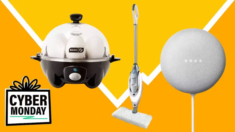 Collage of products that can be bought at Target: an egg cooker, a mop, a Google home device