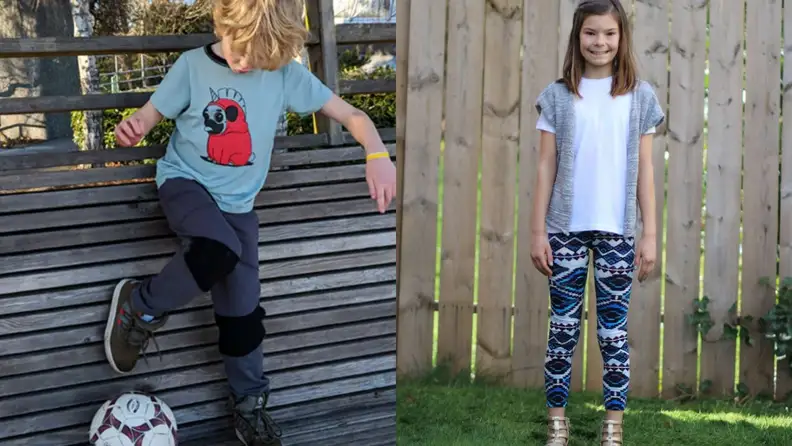Boy kicking soccer ball and girl in stylish leggings