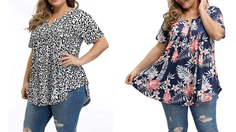 Women wearing blouses with different floral patterns from Amazon