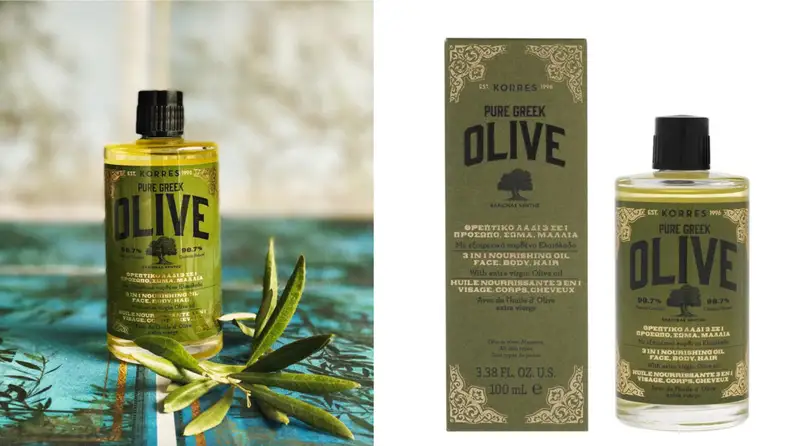 On left, bottle of 3-in-1 Nourishing & Anti-Aging Oil adjacent to an olive leaf. On right, bottle of 3-in-1 Nourishing & Anti-Aging Oil and packaged box.