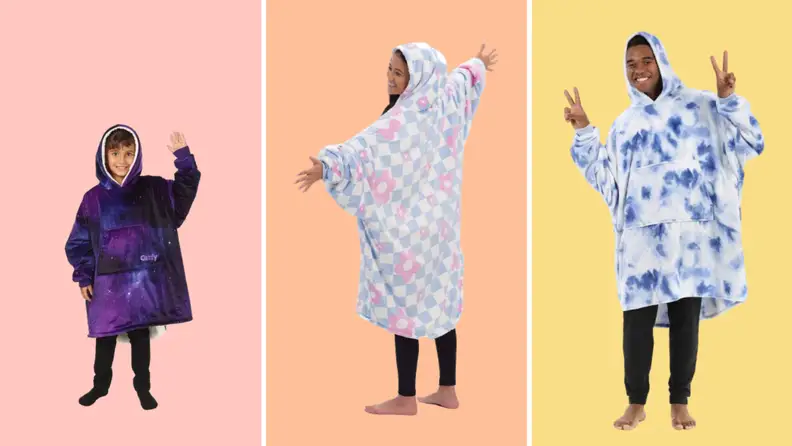 Three models wearing The Comfy blanket hoodie in different colorways.