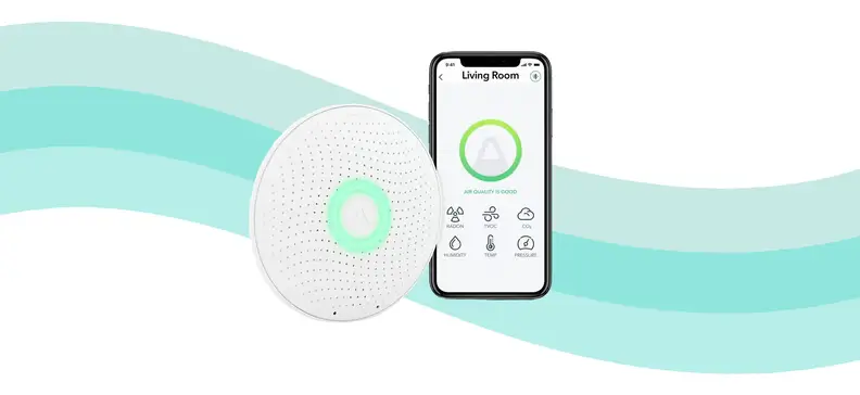 A smart speaker and cell phone against a colorful background.