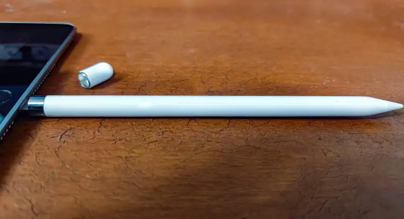 A first-gen Apple Pencil is being charged via the Lightning port of a 9th generation iPad.
