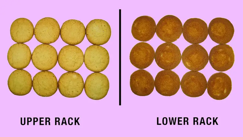 A tray of cookies showing the top and bottom after being baked. The top side looks golden while the bottom side looks more brown.