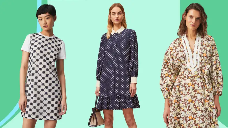 Three models wear Tory Burch dresses against a green background.