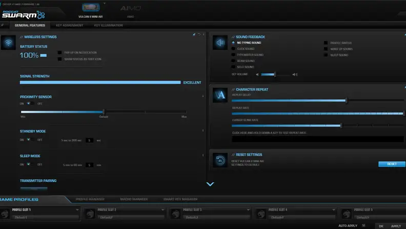 Screenshot of the Roccat Swarm website where the setting adjustments page for the Roccat’s Vulcan II Mini Air keyboard is shown.