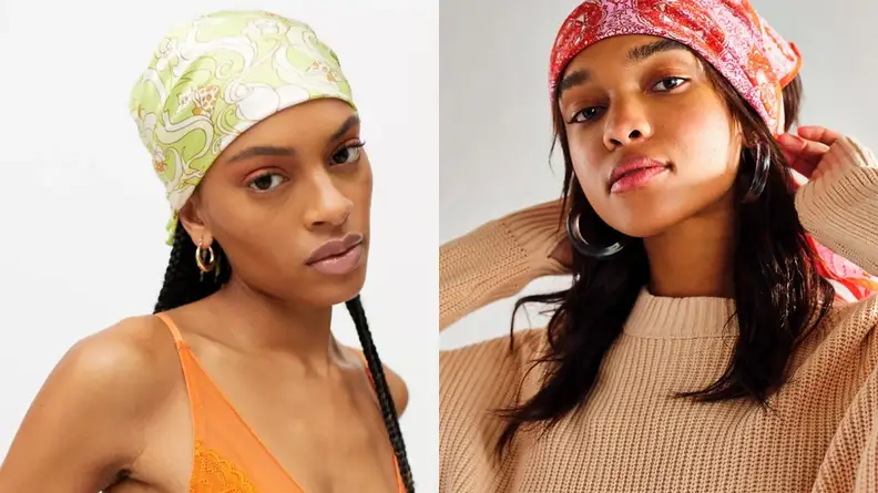 On the left: A person with long dark hair wearing a green bandana on top of their hair and at the top of their forehead. On the right: A person wearing a pink head scarf on their forehead and dark hair.