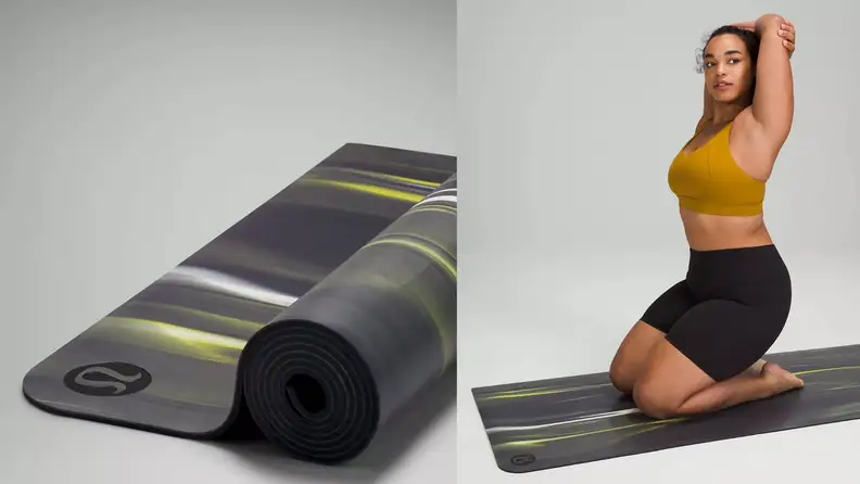 On left, black and yellow yoga mat roll. On right, person stretching on yoga mat.