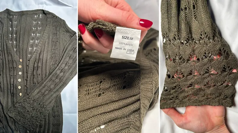 Three closeup images of dark green cardigan showing materials.