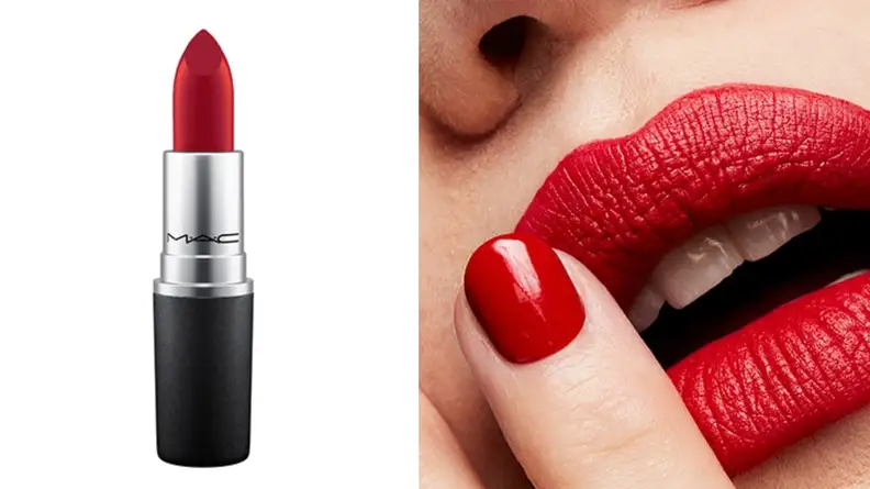 A photo of the Mac Cosmetics Retro Matte Lipstick in the shade Ruby Woo.