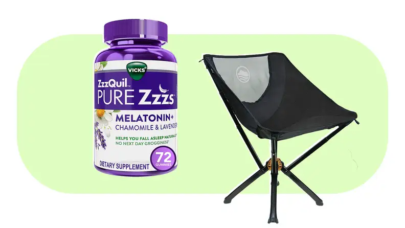 Bottle of melatonin sleep aide next to chair.