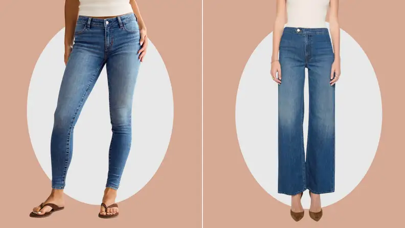 Two side-by-side photos on a tan background. Left: a model in medium-wash, mid-rise skinny jeans. Right: a model in medium-wash, high-rise wide-leg jeans with a button-tab waistband.