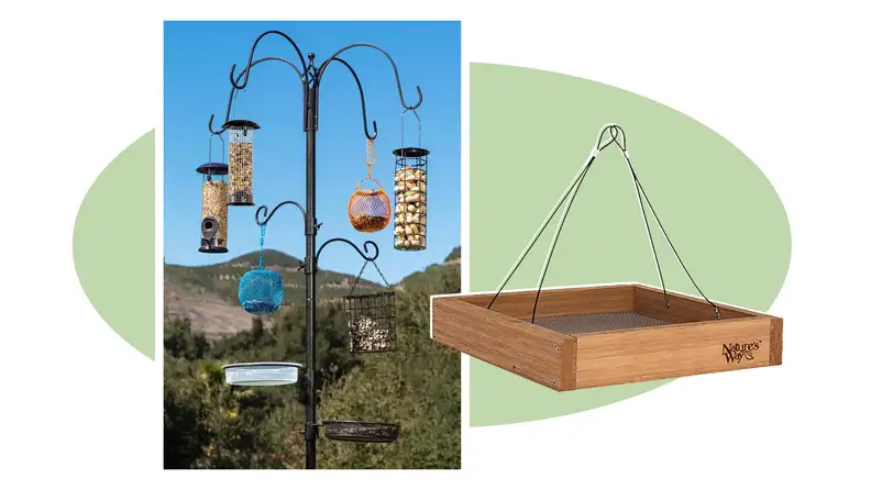 Product shots of the Nature’s Way Bamboo Platform and Best Choice Products Suet/Block Multi-Bird Feeder Station.