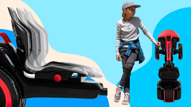 Close up of an adjustable seat and folded-up child's ride-on toy.