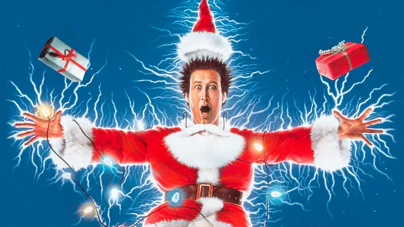 In National Lampoon's Christmas Vacation (1989), wrapped gifts soar in the air behind an electrified (literally) Chevy Chase in a red Santa outfit being electrocuted by a string of Christmas lights on a cold winter night.