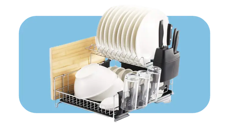 Dish rack with assorted dishes arranged inside.