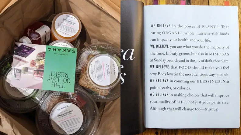 On right, plastic containers filled with food inside of paper bag. On right, page from inside of _Eat Clean, Play Dirty_.