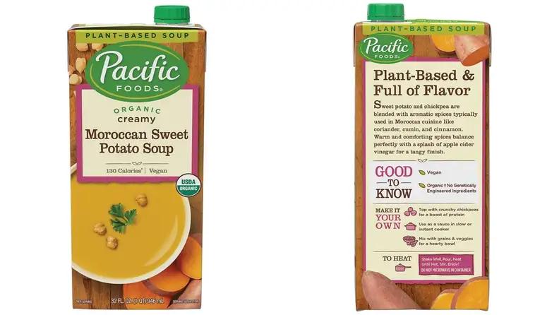 Packaging for Pacific Foods Moroccan Sweet Potato Soup offers a handful of enticing labels: vegan, USDA organic, 130 calories per serving.