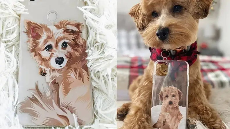 Two images of dog portrait phone cases, one with the dog next to the case for comparison.