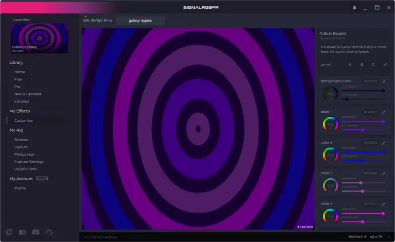 Screenshot of a computer program, black background with white text and a purple swirl effect in the center
