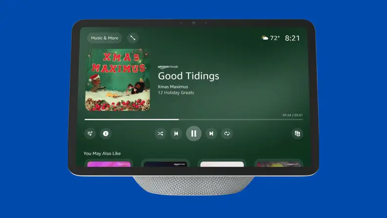 A smart assistant with a large screen sits on a blue background