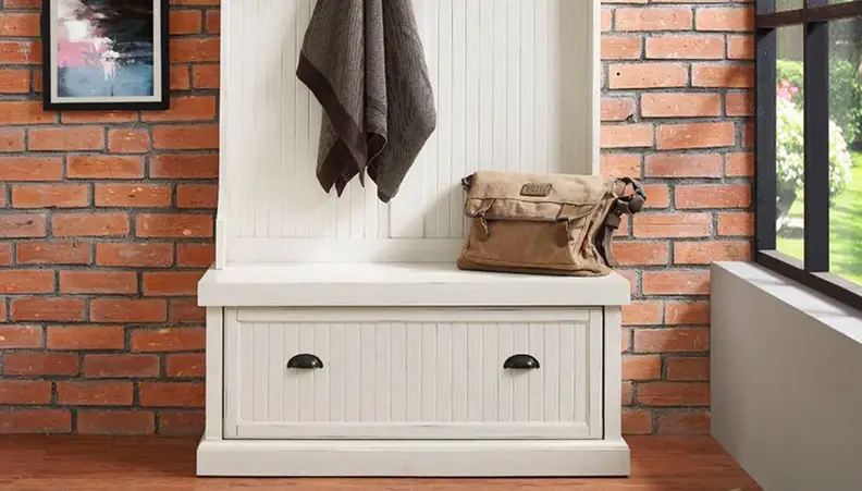 White hall tree with bench and shoe storage