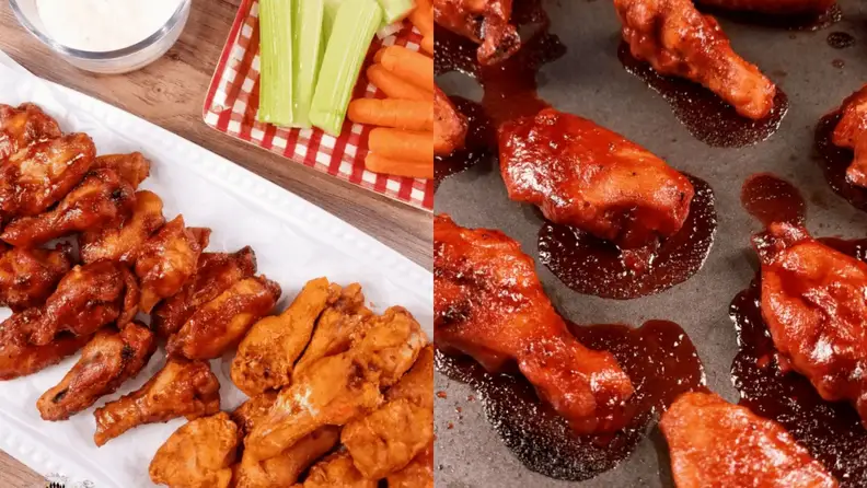 On left, a white rectangular plate of buffalo wings, with celery and carrots on the side. On right, a baking sheet with buffalo chicken wings.
