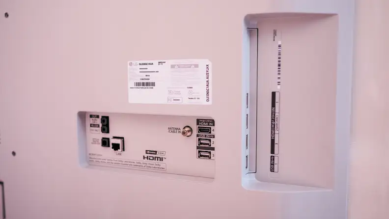 The LG C1 OLED TV's available ports, as seen from the back of the TV