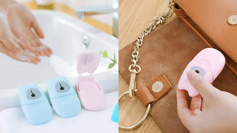 Three soap sheet containers next to sink with woman washing her hands / Pulling pink soap sheets container out of brown purse.
