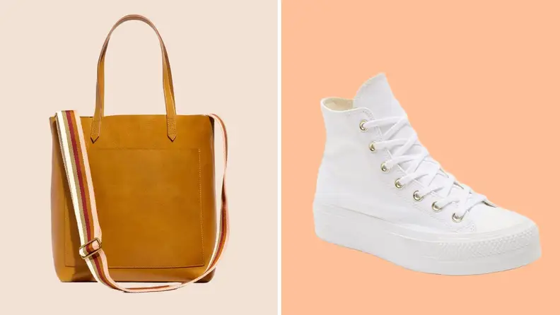 brown purse / high top white shoes