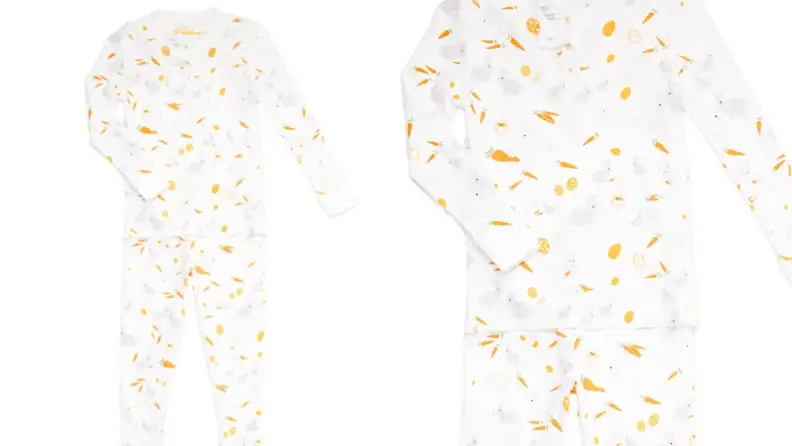 Patterned pajamas with bunnies, eggs, and carrots