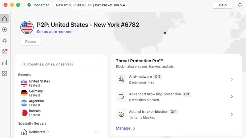 A screenshot of a VPN service