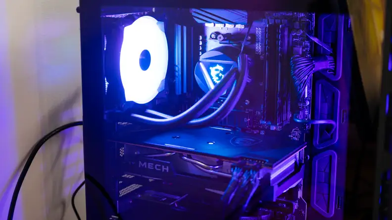 A closeup of the PC's inside through its glass side panel