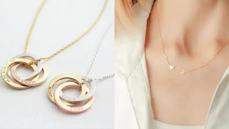 On the left, a pair of charm necklaces are laid out for display: silver, gold, rose gold. The names of three children are etched on one of them. To the right, we see another necklace being worn around a neck in close-up.