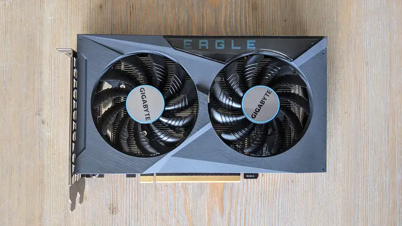 A top-down view of a desktop graphics card