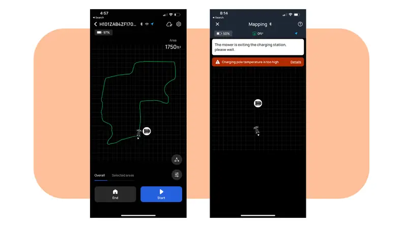 Screenshots from the EcoFlow app that display the charging functions for the EcoFlow Blade Robotic Lawn Mower.