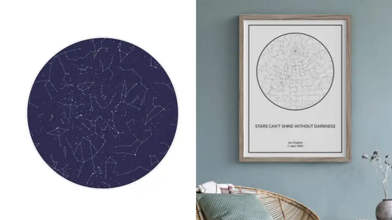 A split image of a starry night against a white background and a framed picture of a night sky depict one of the best birthday gifts for Aries.