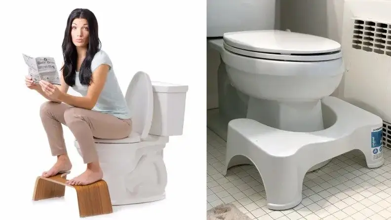 woman on toilet beside squatty potty stool
