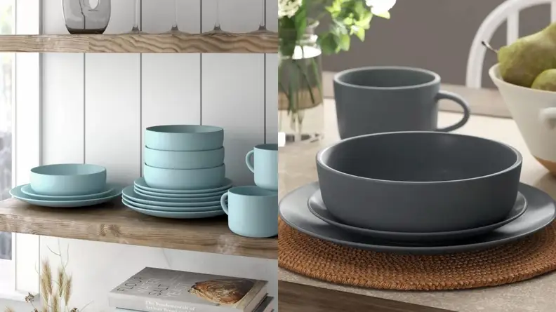 Turquoise and charcoal stoneware plates and bowls stacked.