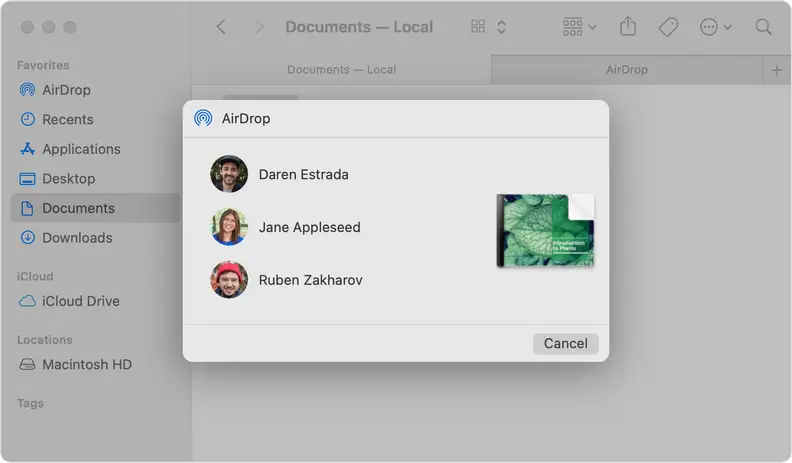A screenshot of Apple's AirDrop menu on macOS, showing three available contacts to send a file to. The file on screen is a PDF of 