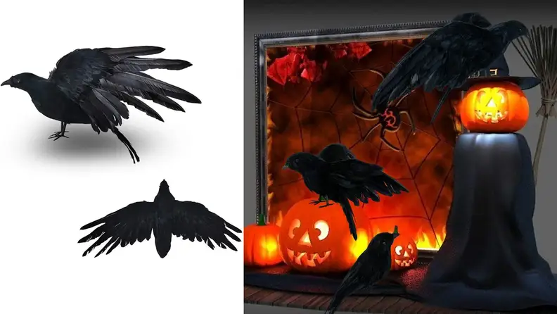 2Pcs Halloween Black Feathered Crow
